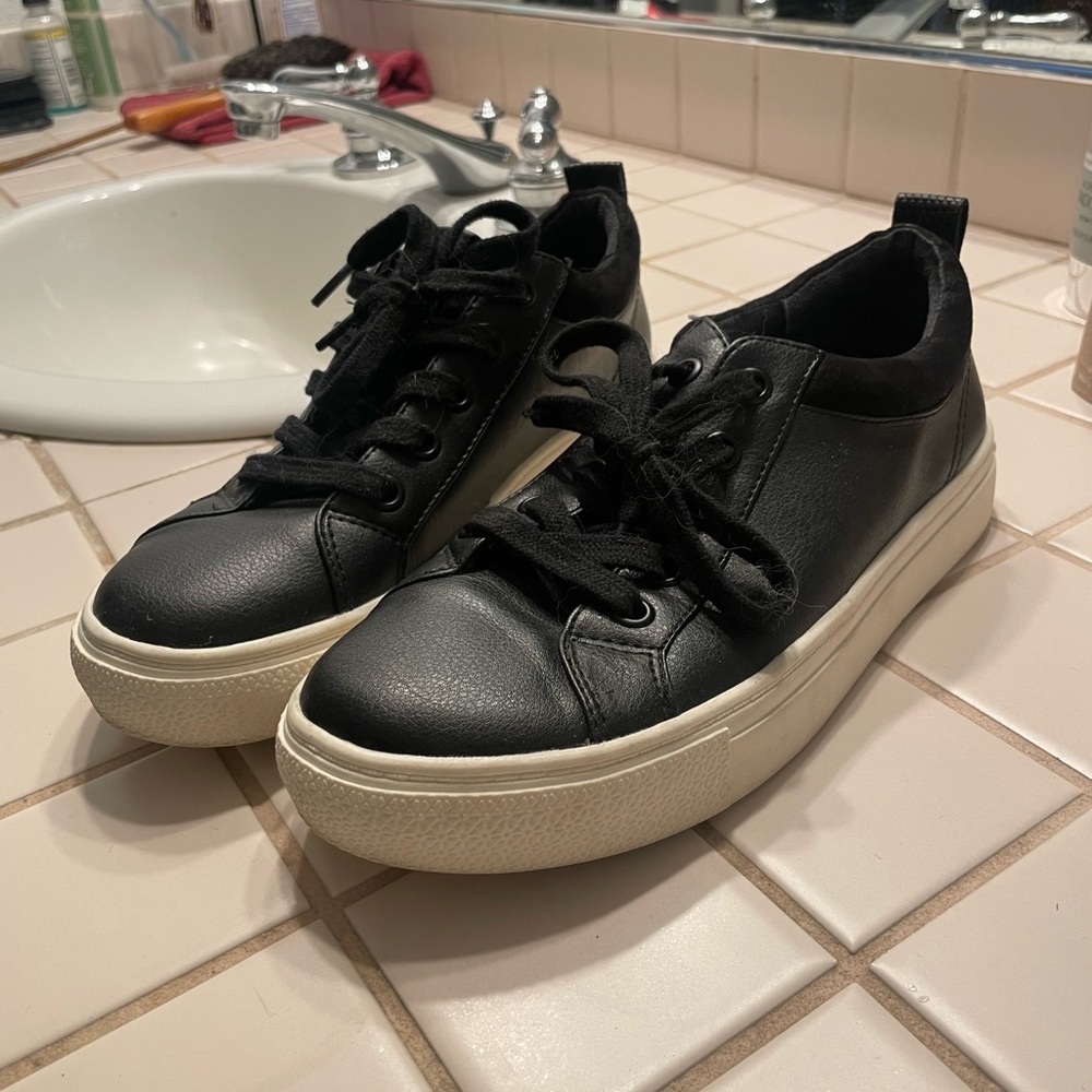 Classic Black Leather Platform Lace-Up Sneakers with Cream Sole